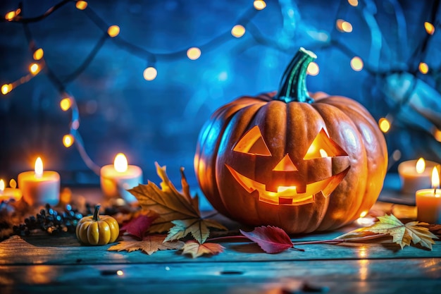 Jack o lantern pumpkins on rustic wood with candles and autumn leaves at Halloween Generative AI