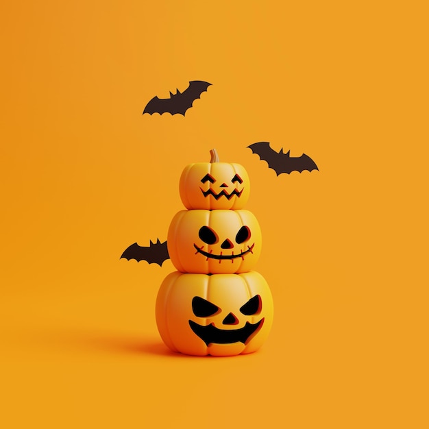 Jack o Lantern pumpkins with bats on orange background Happy Halloween concept 3D render