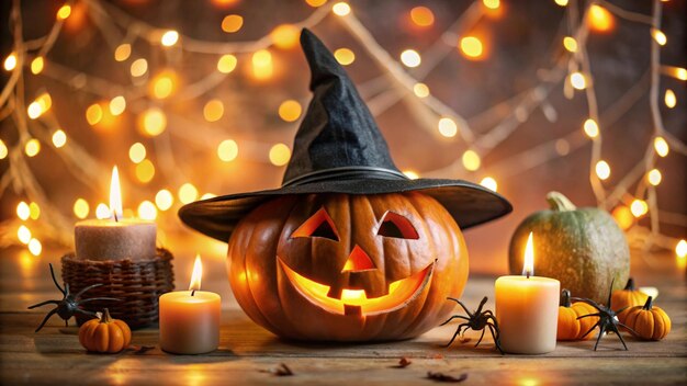 Jack O Lantern with Black Witch Hat on Floor 4K HD Photo for Halloween Day