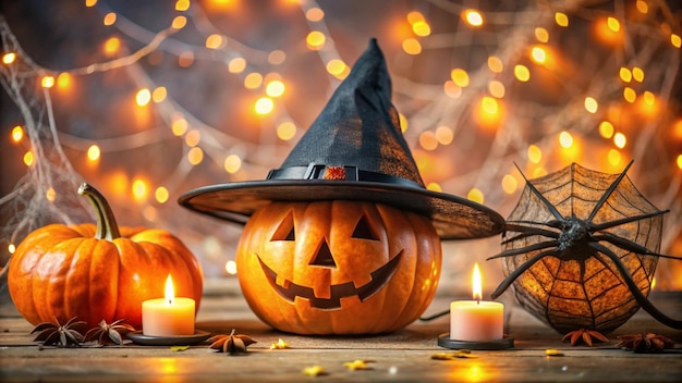 Jack O Lantern with Black Witch Hat on Floor 4K HD Photo for Halloween Day