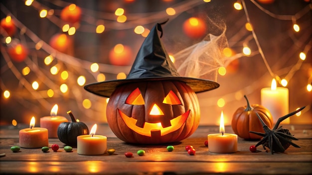 Jack O Lantern with Black Witch Hat on Floor 4K HD Photo for Halloween Day