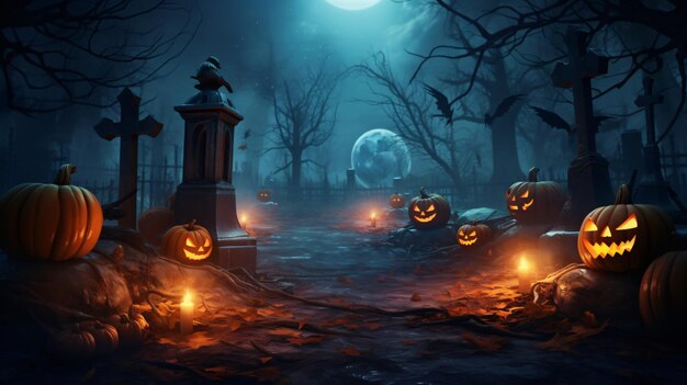 Jack o lanterns in graveyard in the spooky night