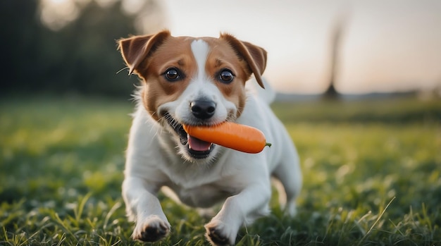 A jack russel dog playing with the carrot in park