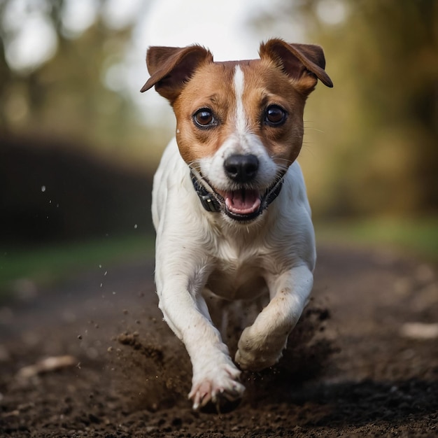 Jack Russel Parson Dog Run Toward The Camera Low Angle High Speed Shot