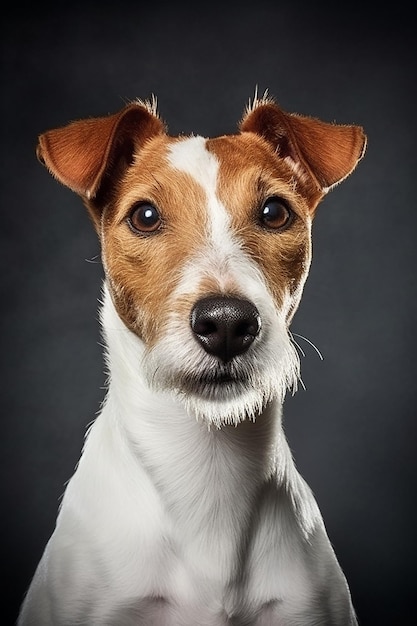 A jack russel terrier with a brown and white fur on its head