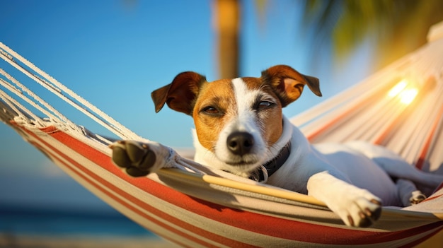 Jack russell dog relaxing on red hammock on summer vacation holidays at the beach