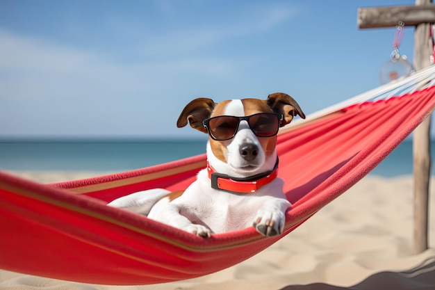 Jack russell dog wearing sunglasses enjoying a beach vacation on top of a hammock Ai generative