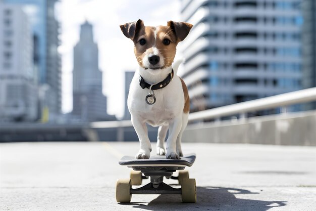 Photo jack russell terrier confidently stands on skateboard in urban setting