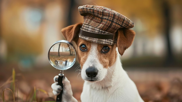 A Jack Russell terrier dog dressed as a detective with a magnifying glass