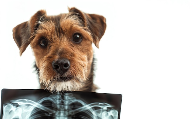 A Jack Russell terrier dog holds an xray in front of him Dog on a white background Veterinary clinic concept Treatment of animals