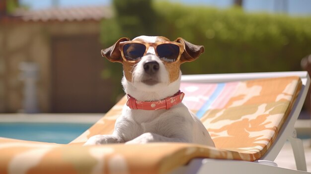 Jack russell terrier dog with sunglasses sunbathing on sun lounger Generative AI