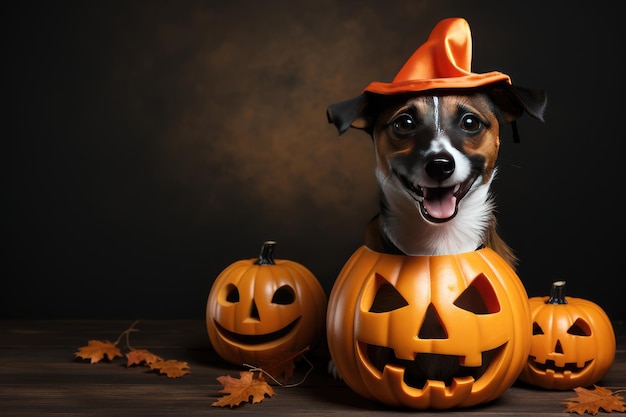 Jack russell terrier in halloween costume with jack o lanterns Generative AI