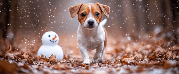 Photo jack russell terrier puppy walking in the snow with a snowman