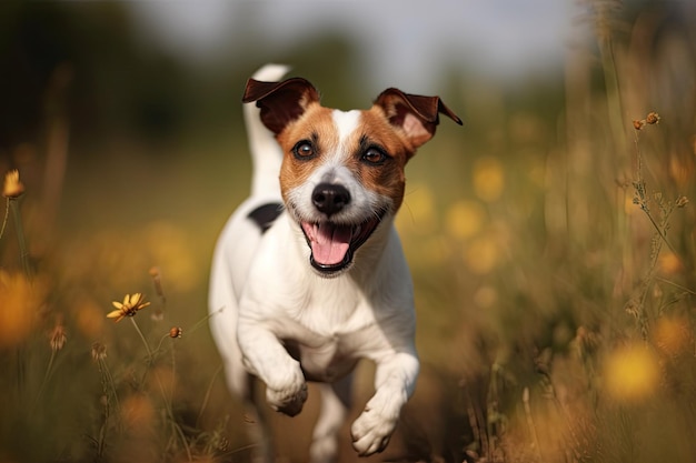 Jack Russell terrier running in the field of yellow flowers AI Generated