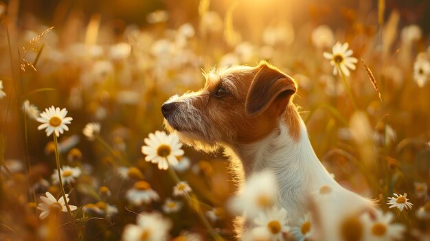 Jack russell terrier sniffing daisies in field funny animal in nature in autumn