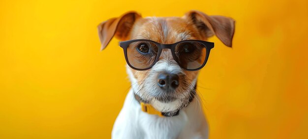 Photo jack russell terrier wearing large glasses against yellow background cheerful dog with eyewear showcasing intelligence concept of pet fashion smart animals quirky pet portrait banner