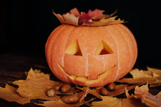 Jack's Halloween orange pumpkin with maple leaves and acorns