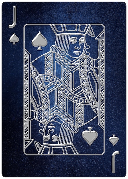 Jack of Spades playing card, space background, gold silver symbols, With clipping path.