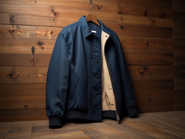 a jacket hanging on a wooden wall with a brown wooden background