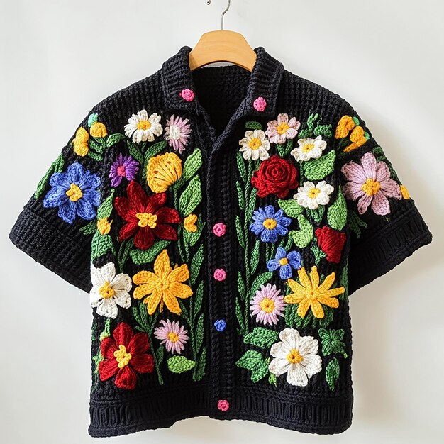 a jacket with flowers on it hangs on a hanger