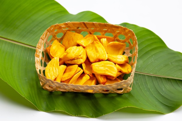 Jackfruit chips on green leaf