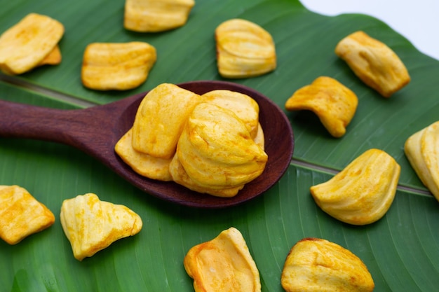 Jackfruit chips on green leaf