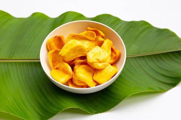 Jackfruit chips on green leaf