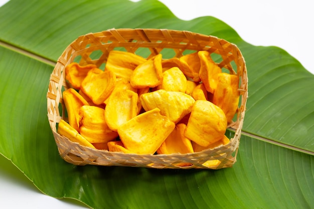 Jackfruit chips on green leaf