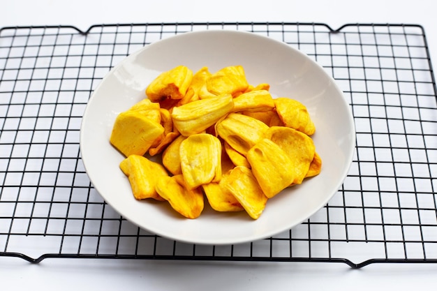 Jackfruit chips on white background