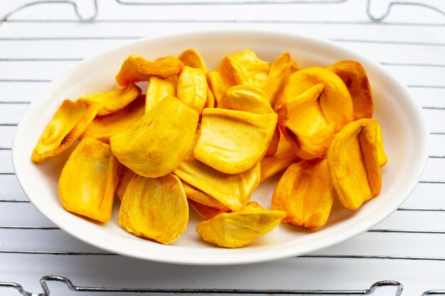 Jackfruit chips on white background