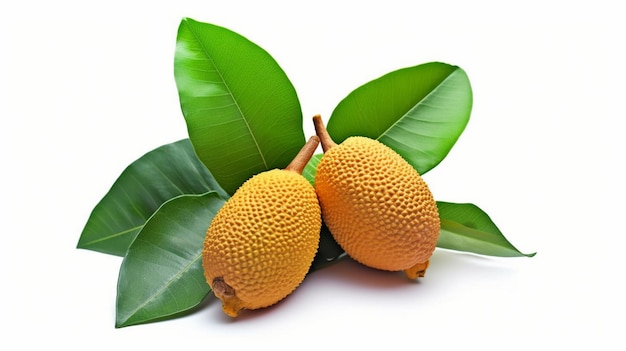 jackfruit with green leaves isolated on white