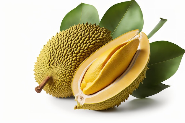 Jackfruit with a leaf and is half ripe isolated on a white backdrop