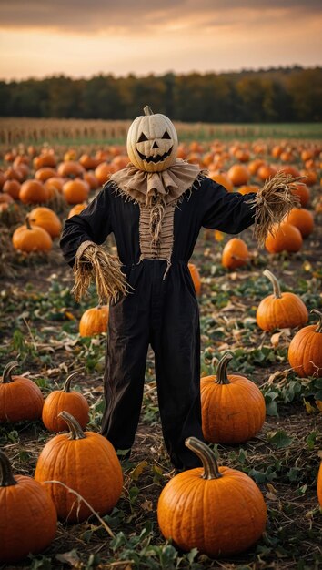 Photo jacko39lantern figure in pumpkinpatterned outfit standing in pumpkin field