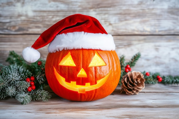 Photo a jacko39lantern wearing a santa hat sits on a wooden table with pine branches