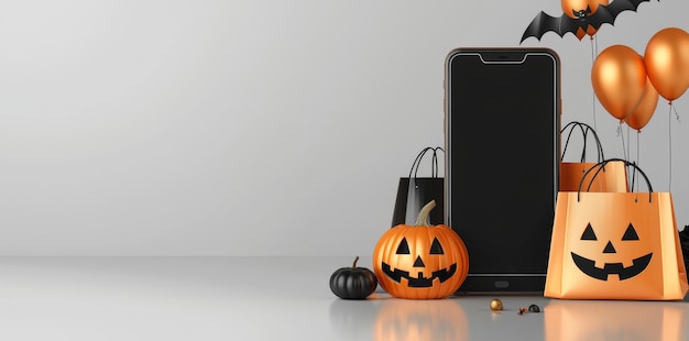 Photo a jackolantern pumpkin and a smartphone are shown in a 3d illustration with copy space