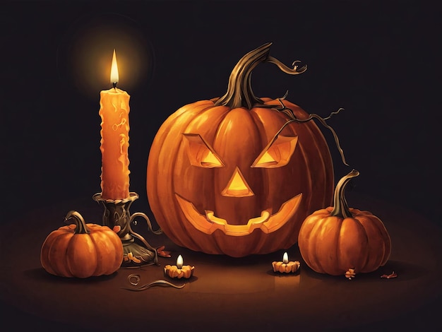 JackoLantern with Candle Surrounded by Smaller Pumpkins