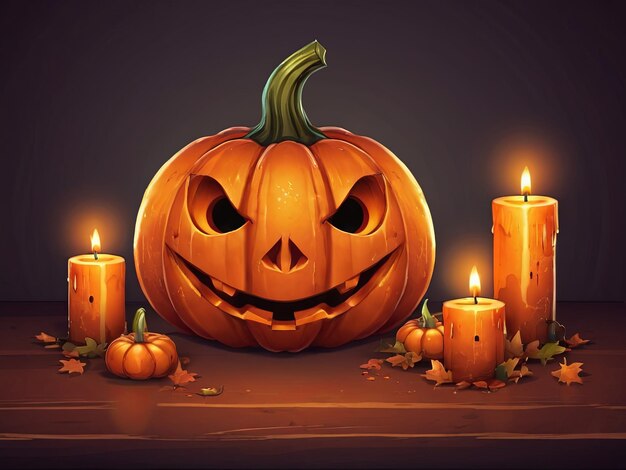 JackoLantern with glowing eyes and three candles on wooden table