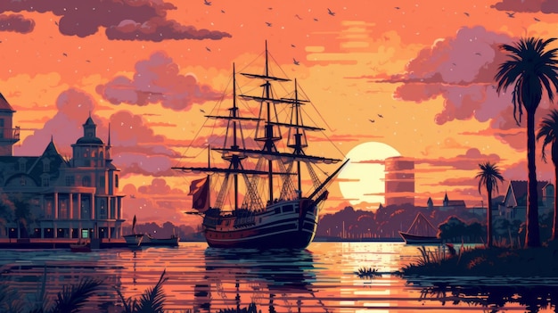 Jacksonville Sunset In 1750s A Pixel Art Illustration With Retr