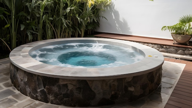 A jacuzzi in a garden with a plant in the background.