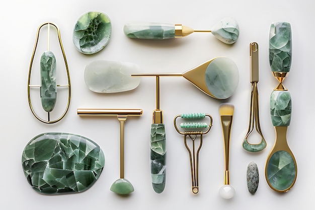 Jade Facial Roller Set with Gold Handles on a White Background