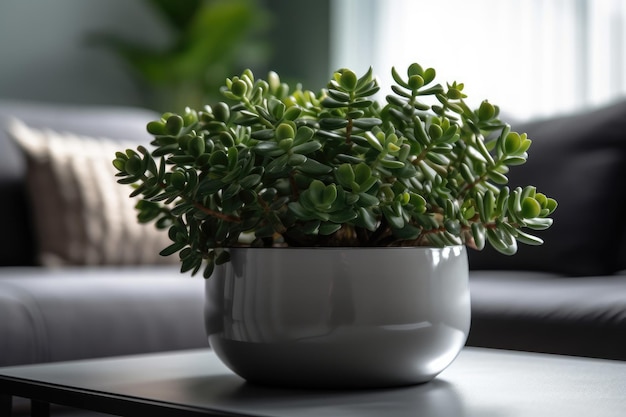 Jade Plant With Plump Green Leaves In A Sleek And Modern Ceramic Pot In A Contemporary Apartment Generative AI