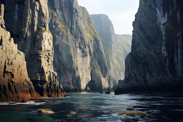 Jagged Cliffs Rising High Above Picturesque Bay Shallow Waters and Ocean Beyond