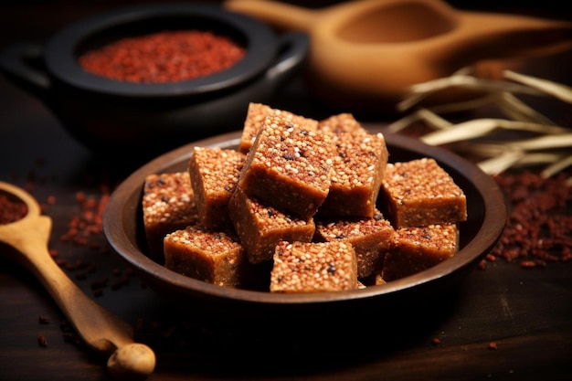 Photo jaggery cubes with a sprinkling of sesame seeds jaggery photos773jpg