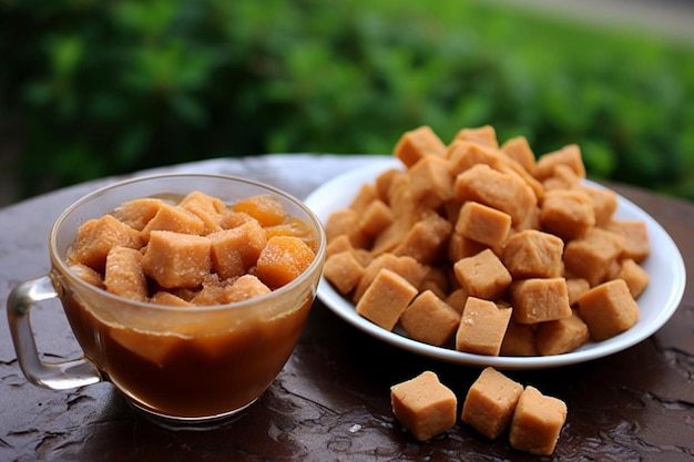 Photo jaggery pieces next to a cup of warm ginger tea jaggery photos986jpg