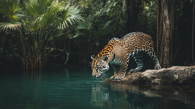 Photo jaguar drinking water in jungle cenote wildlife photography