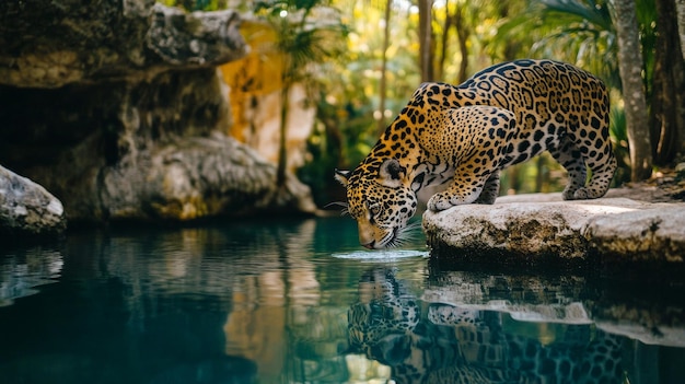 Photo jaguar drinking water in jungle cenote wildlife photography