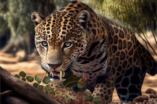 A jaguar eating a leaf in a forest