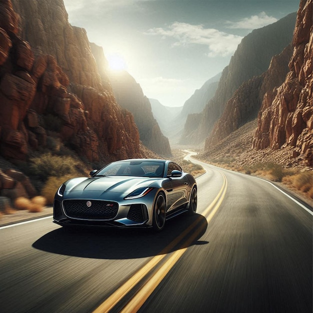 Jaguar FType speeding down a desolate canyon