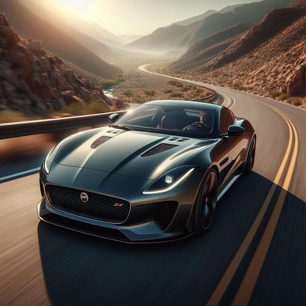 Jaguar FType speeding down a desolate canyon