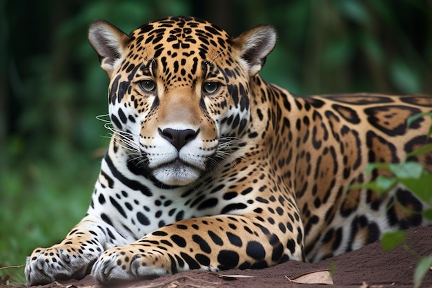 A jaguar is pictured on a rock in the amazon rainforest.